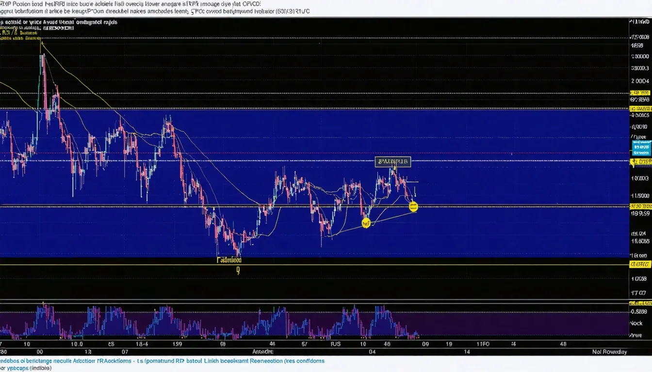 XRP price analysis showing range-bound movement with support and resistance levels, indicators like RSI and MACD, and potential breakout scenarios.